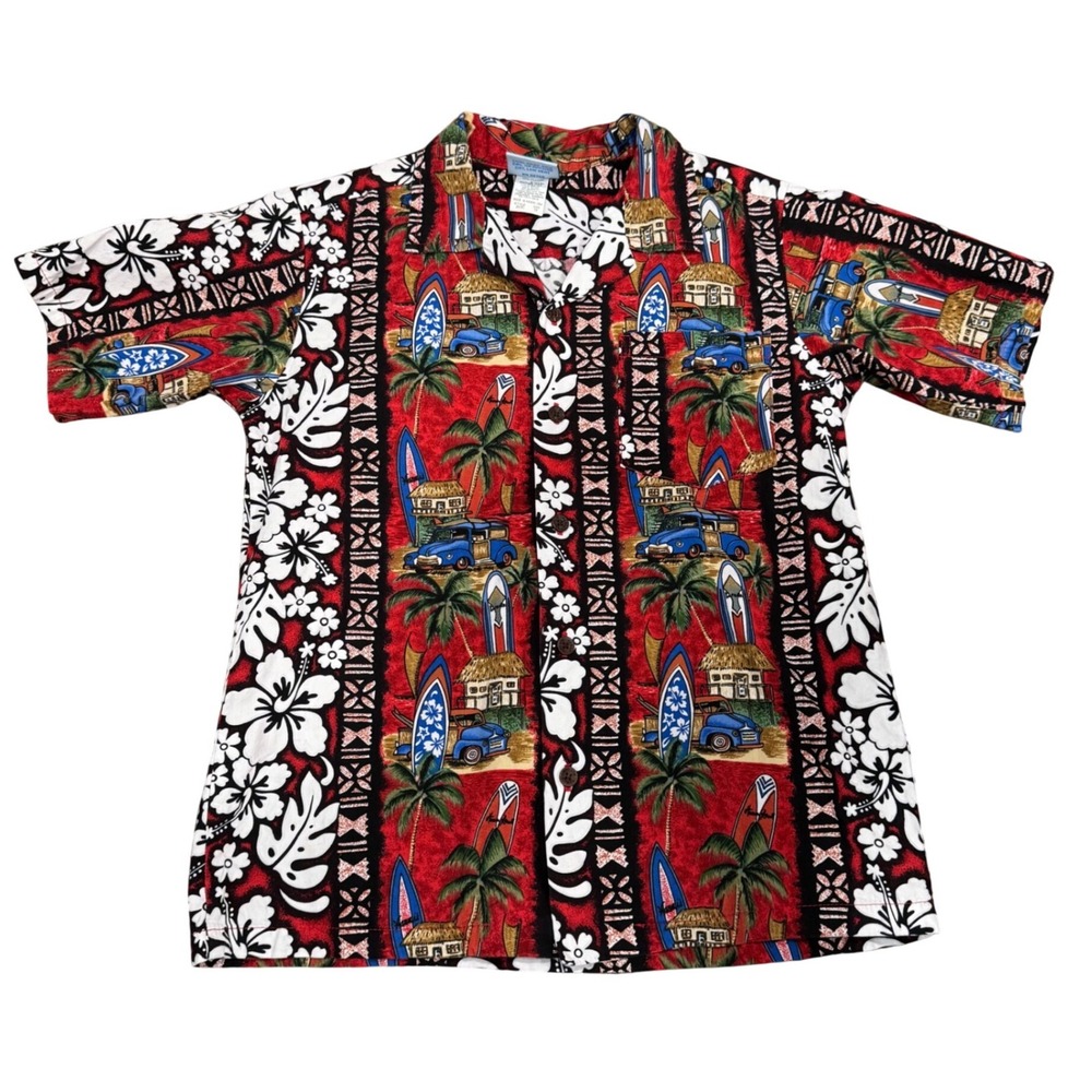RJC‎ Kids Red Hawaiian Aloha Shirt Surfboard Woody Car Made in Hawaii Size 14